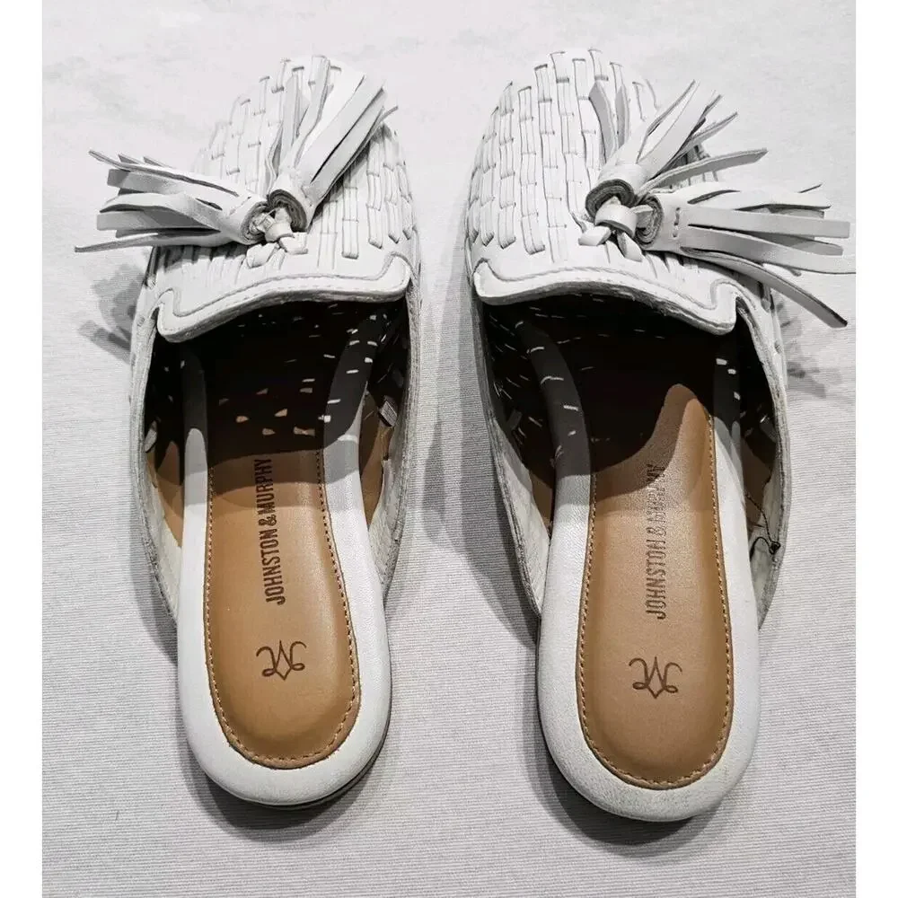 Johnston & Murphy Belle Womens Shoe 7 M White Woven Leather Mule Tassel
